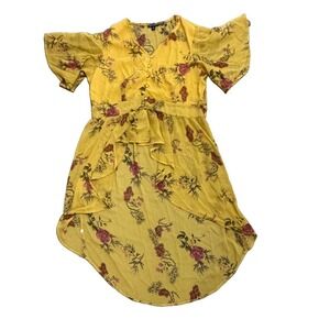 Thread Story Womens Dress 2X Yellow Floral Hi-Low V-Neck Smocked Flutter Button